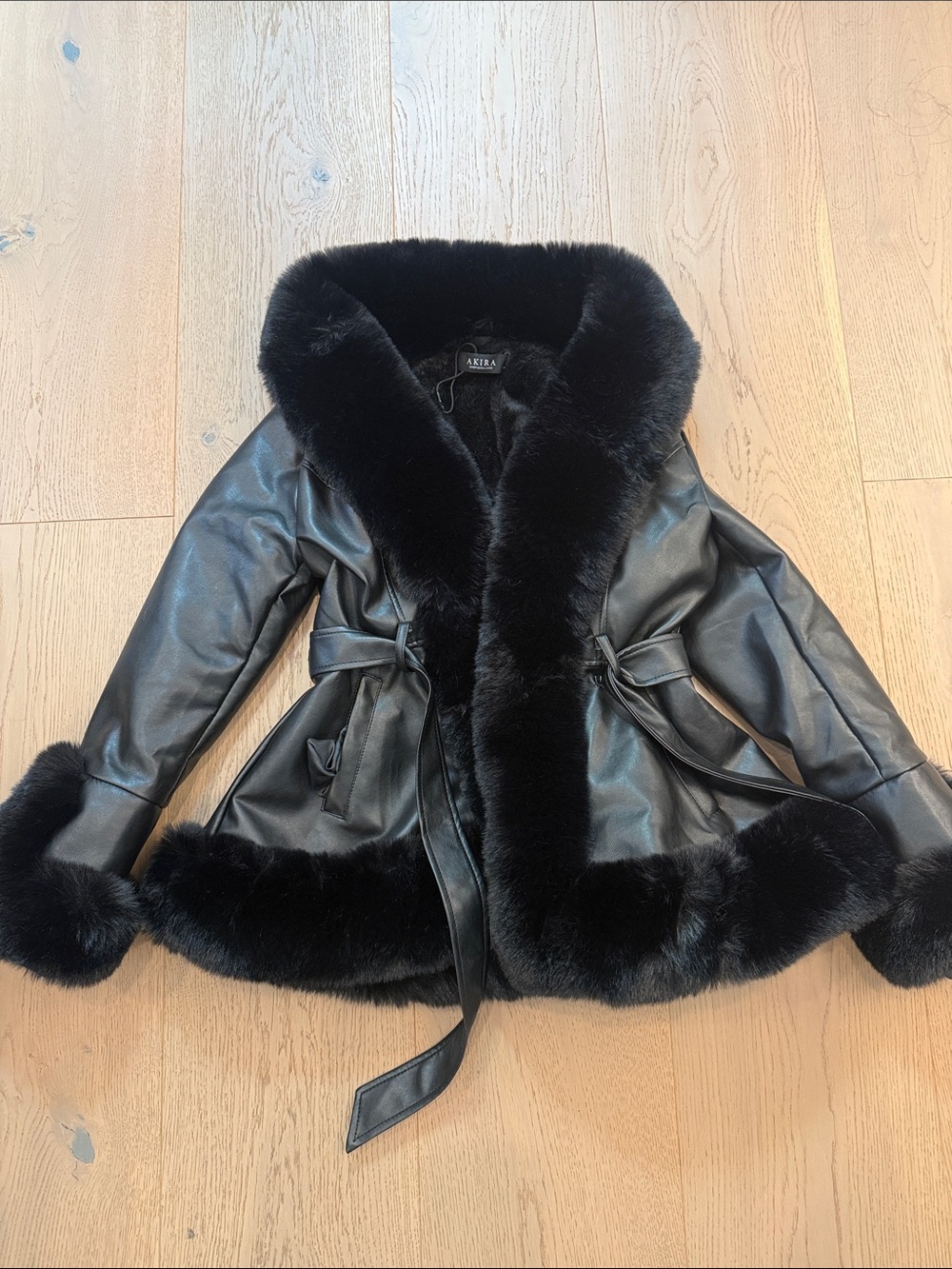 AKIRA Black Faux Fur-Trimmed Leather-Look Belted Jacket